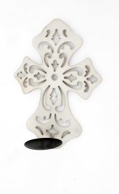 15.5 X 5 X 11 White Wooden Cross - Candle Holder Sconce