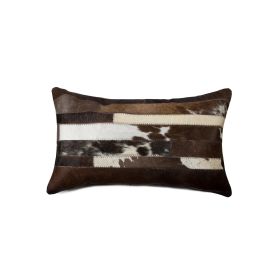 12" X 20" Brown Black and White Abstract Stripes Cowhide Cowhide Throw Pillow