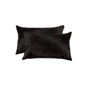 Set of Two 12" X 20" Black Cowhide Throw Pillow