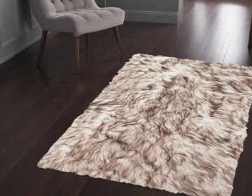 2' X 3' Brown and White Faux Sheepskin Ombre Machine Tufted Non Skid Area Rug