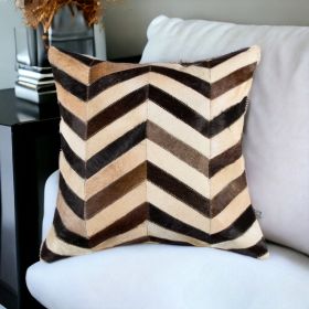 18" Brown Black and White Chevron Cowhide Throw Pillow