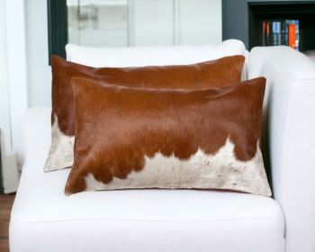 Set of Two 12" X 20" Brown and White Cowhide Throw Pillows