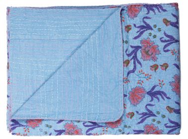 50" X 70" Blue and Purple Kantha Cotton Floral Throw Blanket with Embroidery