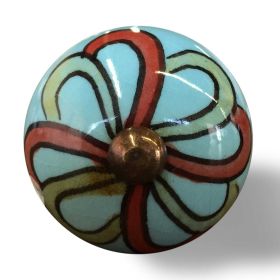 Bohemian Floral Turquoise Handprinted Set Of 8 Ceramic Knobs