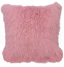 20" Pink Genuine Tibetan Lamb Fur Pillow With Microsuede Backing