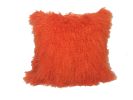 20" Orange Genuine Tibetan Lamb Fur Pillow With Microsuede Backing