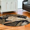 8' Midnight Black Hand Tufted Tropical Leaves Round Indoor Area Rug