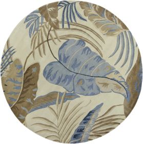 8' Ivory Blue Hand Tufted Tropical Leaves Round Area Rug