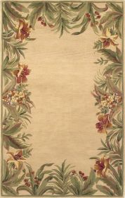 8' X 10' Ivory Hand Tufted Bordered Tropical Plants Area Rug