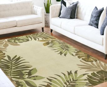 8' X 11' Ivory Hand Tufted Bordered Tropical Leaves Area Rug