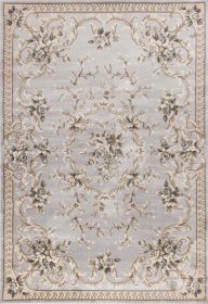 9' X 12' Light Grey Bordered Floral Area Rug