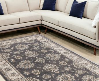 9' X 12' Grey Ivory Bordered Floral Area Rug