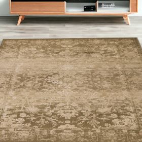 5' X 8' Beige Machine Woven Distressed Floral Traditional Area Rug