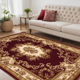 5' X 8' Red and Ivory Floral Bordered Area Rug