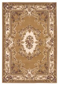 5' X 8' Beige Ivory Machine Woven Hand Carved Floral Medallion Indoor Area Rug