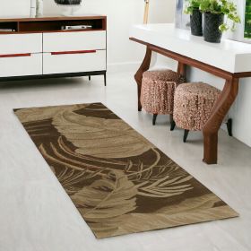 8' Mocha Brown Hand Tufted Tropical Leaves Indoor Runner Rug