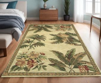 4' X 6' Ivory and Green Tropical Botanical Hand Tufted Area Rug