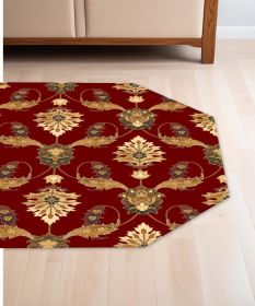 7' Octagon Red Floral Vines Indoor Area Rug