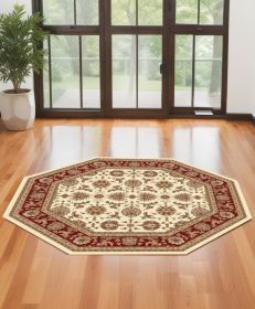 7' Octagon Ivory Or Red Floral Vines Bordered Indoor Area Rug