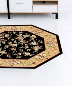 7' Octagon Black Or Beige Floral Bordered Indoor Area Rug