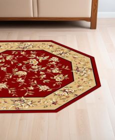 7' Octagon Red Or Beige Floral Bordered Indoor Area Rug