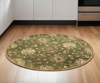 5' Round Emerald Green Floral Vine Wool Indoor Area Rug