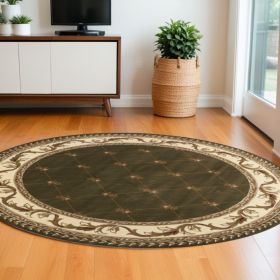 8' Green and Brown Round Oriental Area Rug