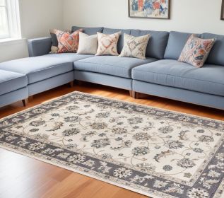 8' X 10' Ivory Grey Floral Indoor Area Rug