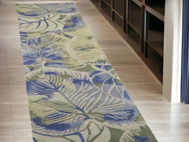 2' X 10' Blue Or Green Oversized Leaves Wool Indoor Runner Rug