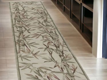 2' X 10' Ivory Bamboo Leaves Wool Indoor Runner Rug