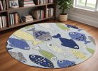 7' Round Light Blue School Of Fish Indoor Area Rug