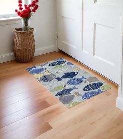 2' X 3' Blue and Ivory Fish Hand Tufted Area Rug