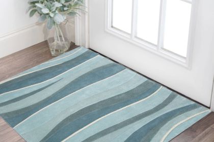 2' X 4' Ocean Blue Teal Hand Tufted Abstract Waves Indoor Accent Rug