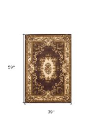 3' X 5' Plum Ivory Machine Woven Hand Carved Floral Medallion Indoor Area Rug