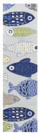 8' Light Blue Hand Hooked Oversized Sea Of Fish Indoor Runner Rug