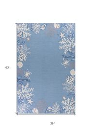 3' X 5' Blue and Off White Coral Hand Hooked Area Rug