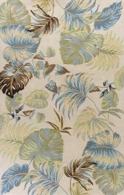 3' X 4' Ivory Blue Hand Tufted Tropical Leaves Indoor Area Rug