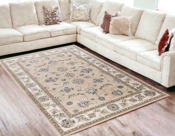 5' X 8' Beige Ivory Bordered Floral Indoor Area Rug