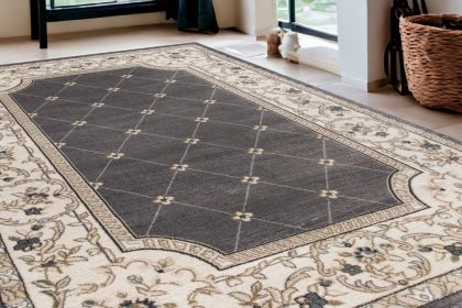 5' X 8' Grey Ivory Bordered Floral Indoor Area Rug