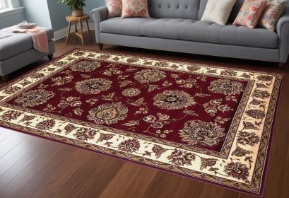 8' X 11' Red Ivory Machine Woven Floral Traditional Indoor Area Rug