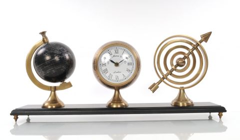 24" X 5.5" X 10.75" Armillery Clock And Globe On Wood Base