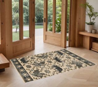 3' X 5' Ivory and Blue Woodland Lodge Area Rug