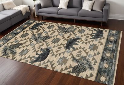 9' X 12' Ivory Blue Machine Woven Geometric Lodge Indoor Area Rug