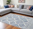 7' X 12' Ivory Blue Machine Woven Distressed Geometric Indoor Area Rug