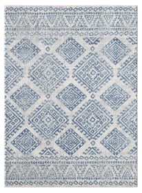 7' X 12' Ivory Blue Machine Woven Distressed Geometric Indoor Area Rug