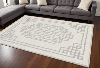 9' X 12' Ivory Grey Hand Tufted Bordered Greek Key Indoor Area Rug