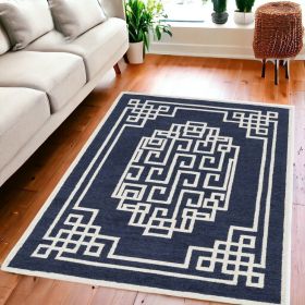 5' X 7' Navy Blue Ivory Hand Tufted Bordered Greek Key Indoor Area Rug