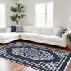 8' X 10' Navy Blue Ivory Hand Tufted Greek Key Medallion Indoor Area Rug