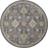 9' Slate Grey Machine Woven Bordered Floral Vines Round Indoor Area Rug