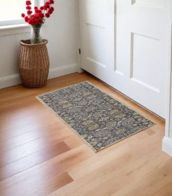 3' X 5' Taupe Floral Vine Bordered Wool Indoor Area Rug